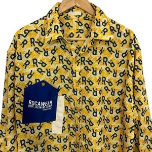 Vintage 90s Rocawear Button Down Shirt Mens L/XL Yellow Navy Logo Dress EUC